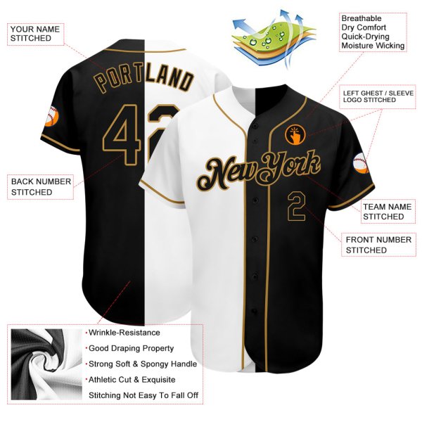 Kid's Custom White-Black Old Gold Authentic Split Fashion Baseball Jersey