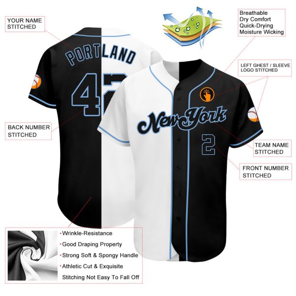 Kid's Custom White-Black Light Blue Authentic Split Fashion Baseball Jersey
